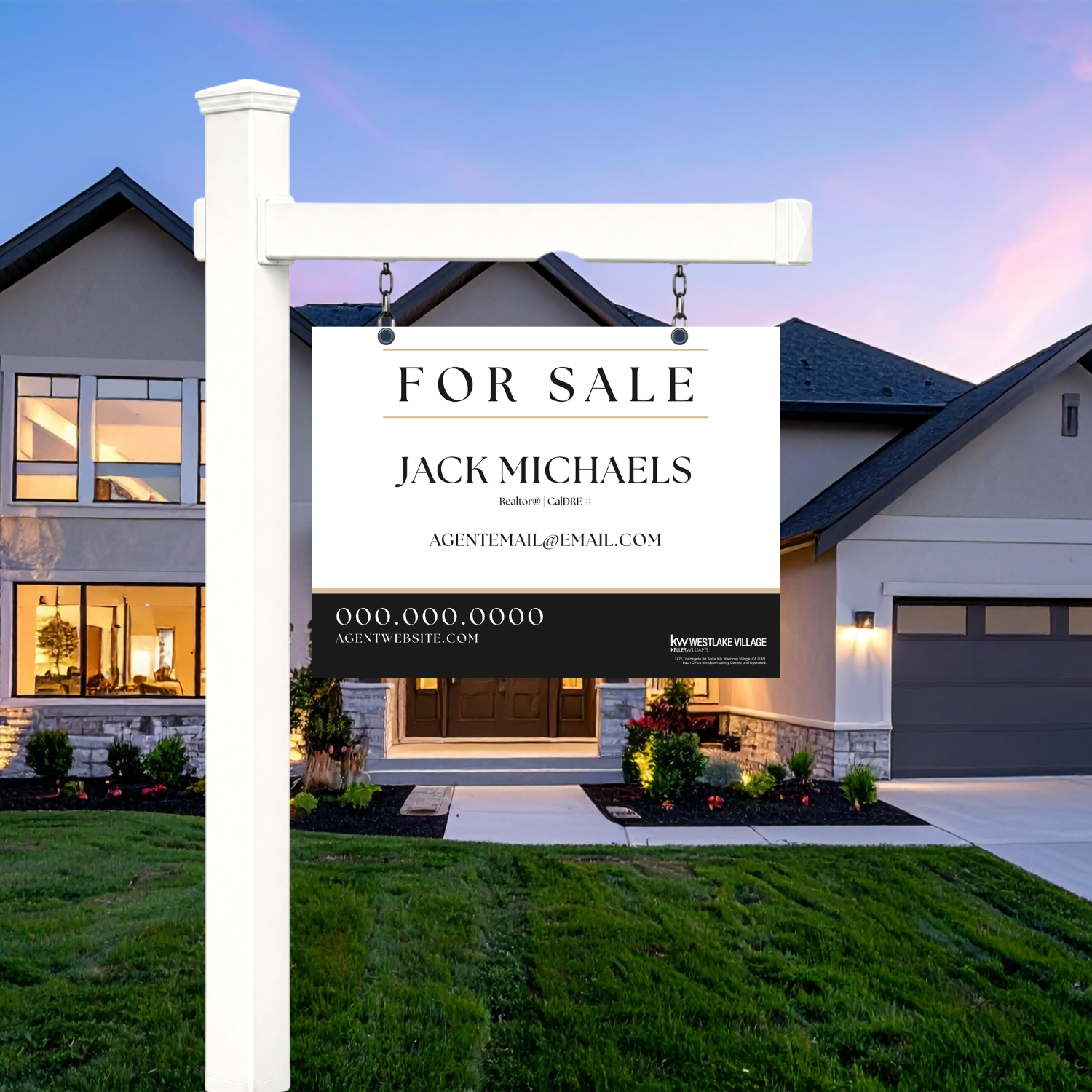 A white real estate 'For Sale' sign on a post in front of a suburban house at dusk, with the name Jack Michaels printed on the sign.