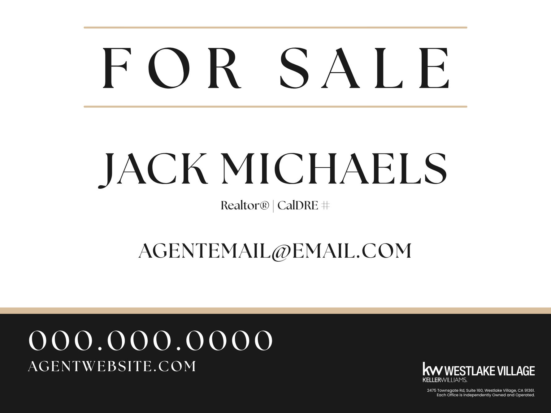 A digital real estate 'For Sale' card template featuring the name 'Jack Michaels' and contact information, with a black footer displaying placeholder phone number, website, and Keller Williams Westlake Village branding.