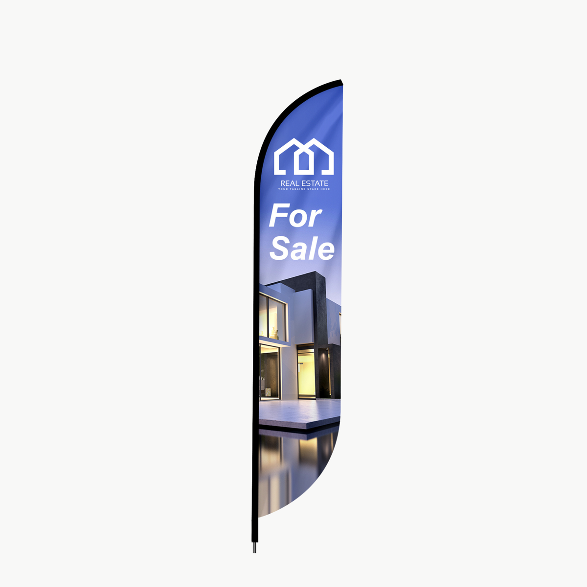 Real estate 'For Sale' feather flag with a building image on a white background