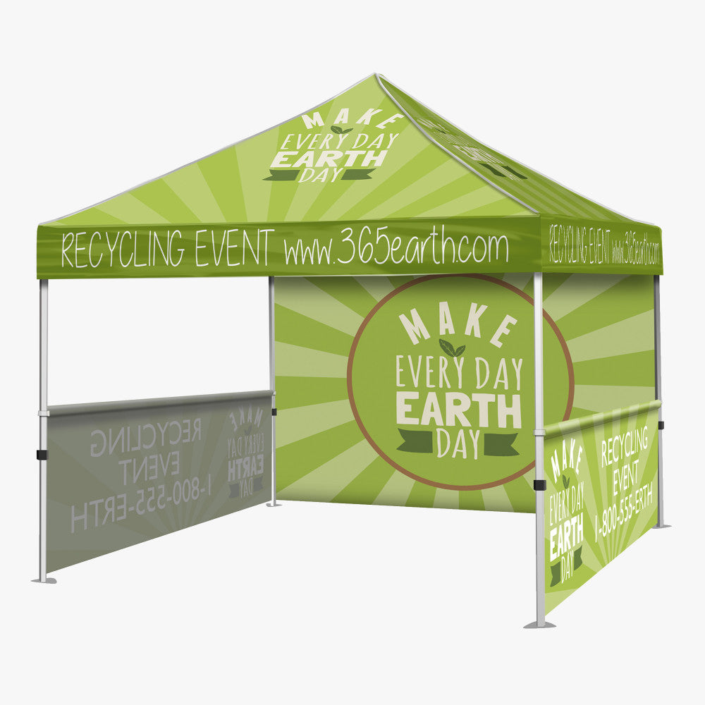 Green outdoor event tent with Earth Day messaging on a white background