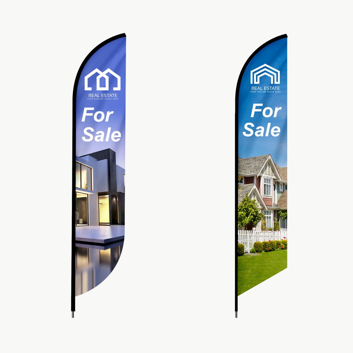 Two vertical feather-style real estate flag banners on a light gray background. Each banner has a blue gradient top section with a white 'REAL ESTATE' logo and the words 'For Sale,' with lower sections showing a modern house reflection photo on the left and a suburban house photo on the right.