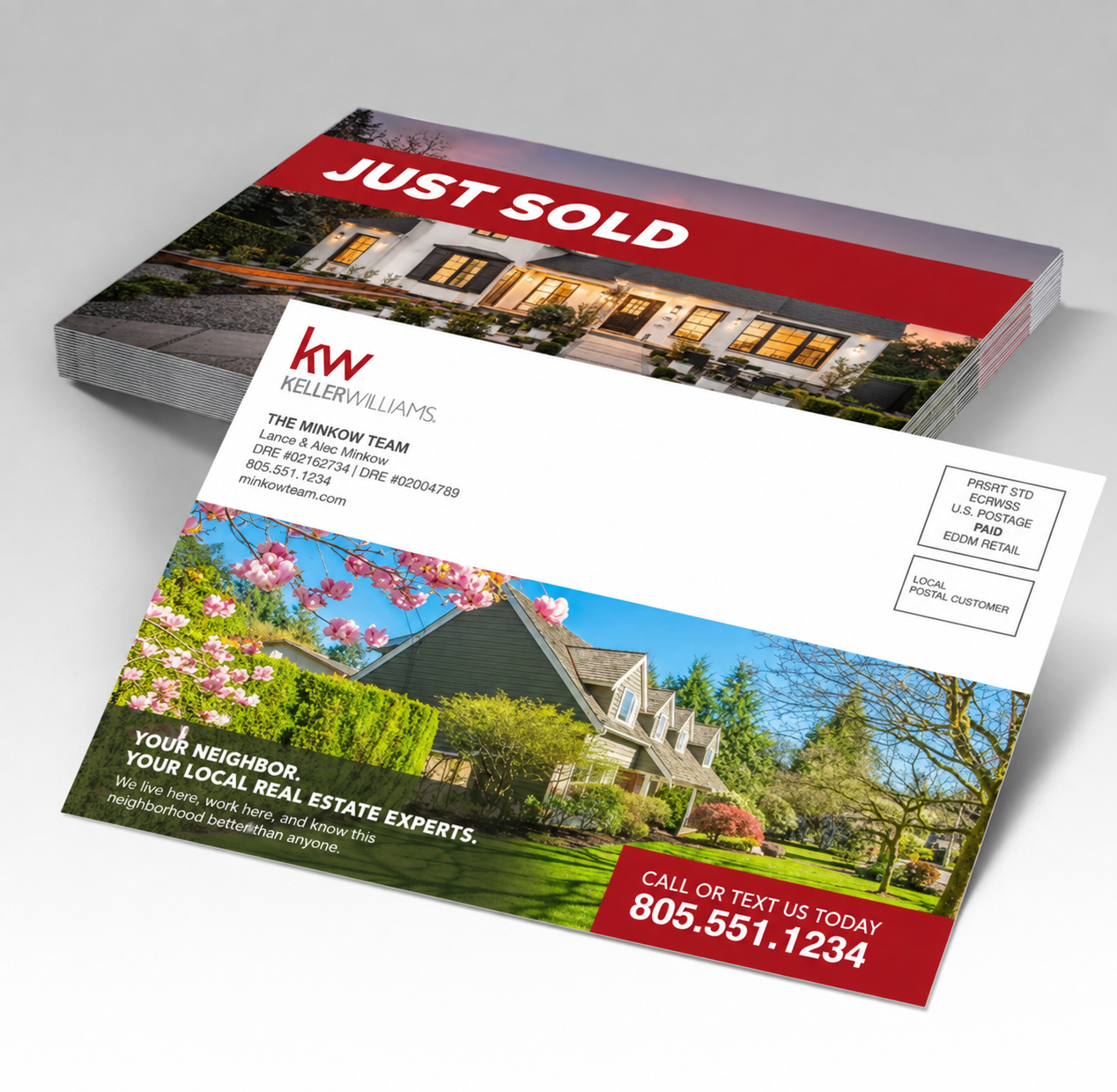 A stack of Keller Williams real estate 'Just Sold' postcards or envelopes shown on a light gray studio background. The front card features a house photo, the Keller Williams logo, and a red 'JUST SOLD' banner, with a second card partially visible behind it.