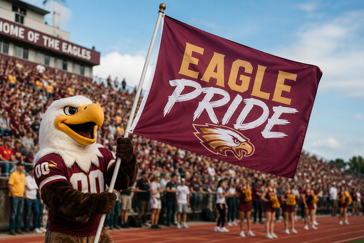 Eagle mascot holding a 'Eagle Pride' flag at a sports event with a crowd in the background.