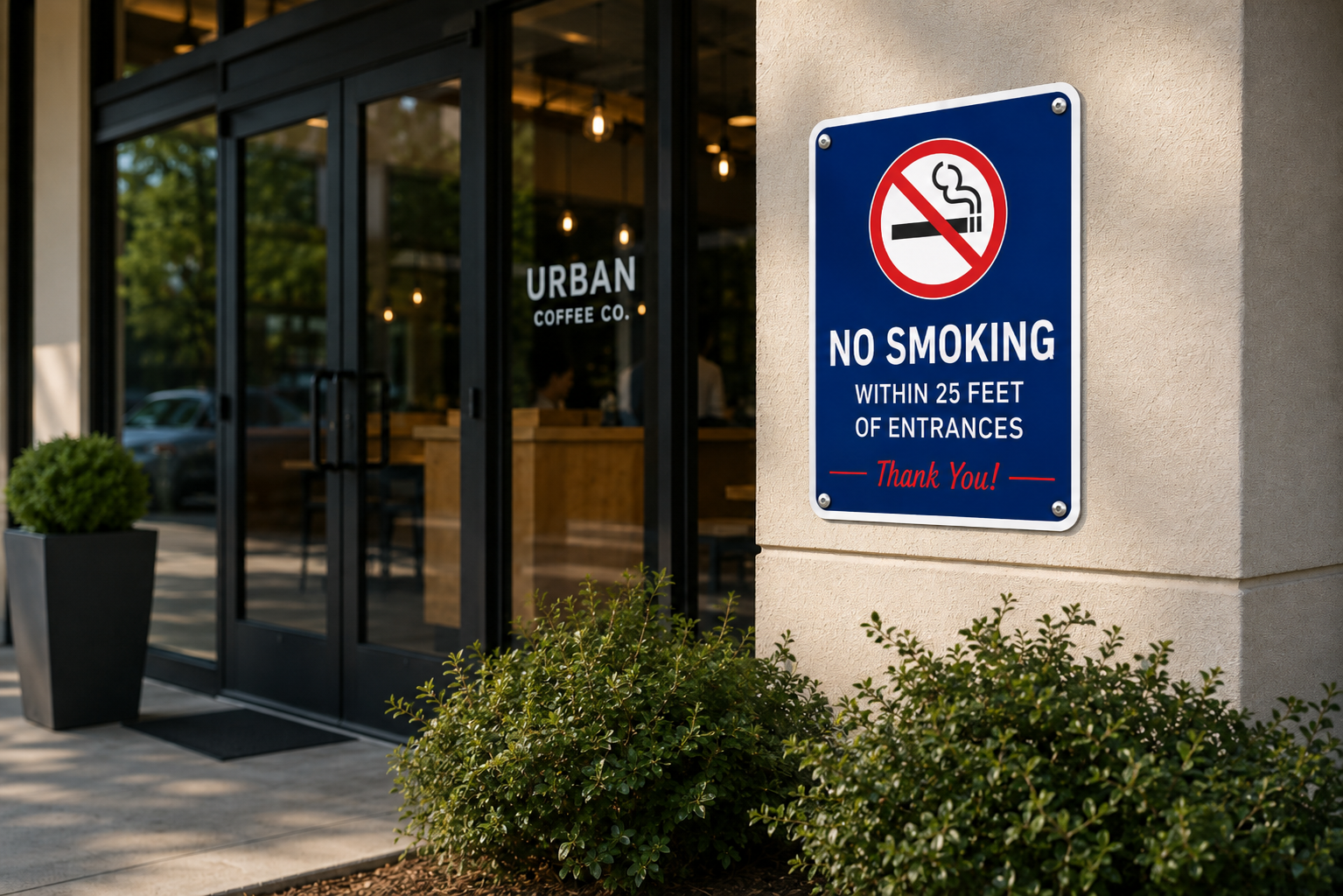 No smoking sign on a building exterior with 'Urban Coffee Co.' in the background.